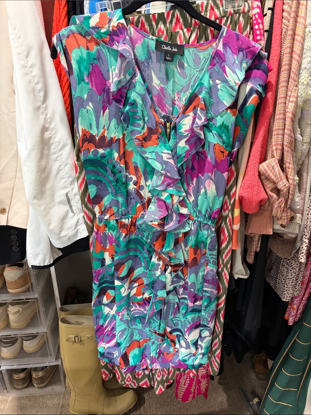 Charlie Jade Teal, Purple & Coral Ruffle V-Neck Dress